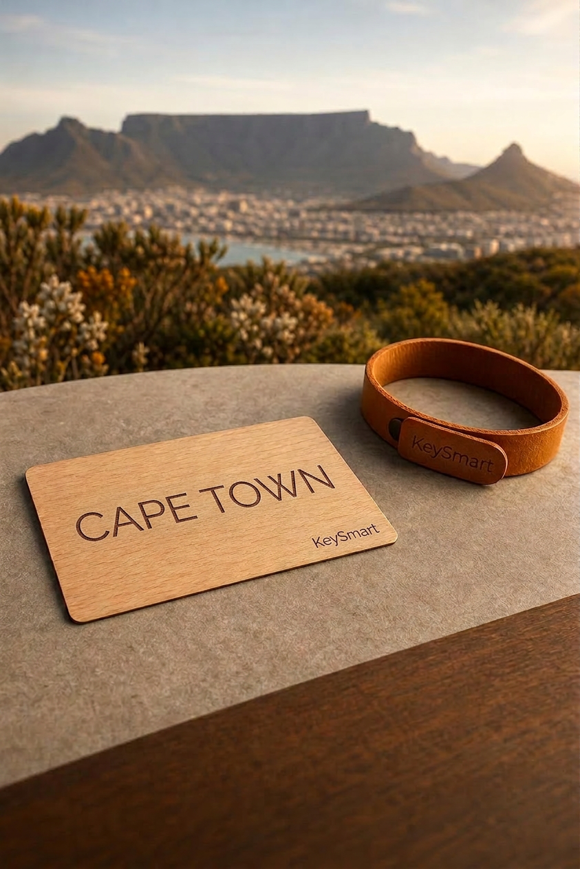 Cape Town koleksiyonu — KeySmart ahşap RFID kart ve bileklik kompozisyonu