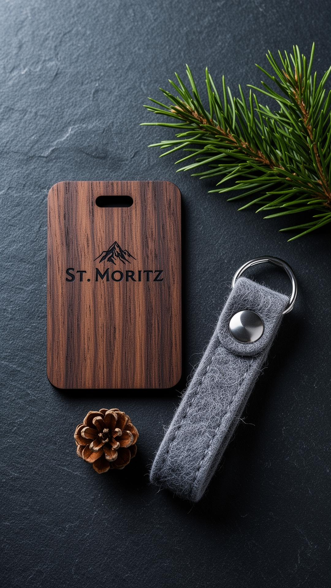 St. Moritz koleksiyonu — KeySmart ahşap RFID kart ve bileklik kompozisyonu