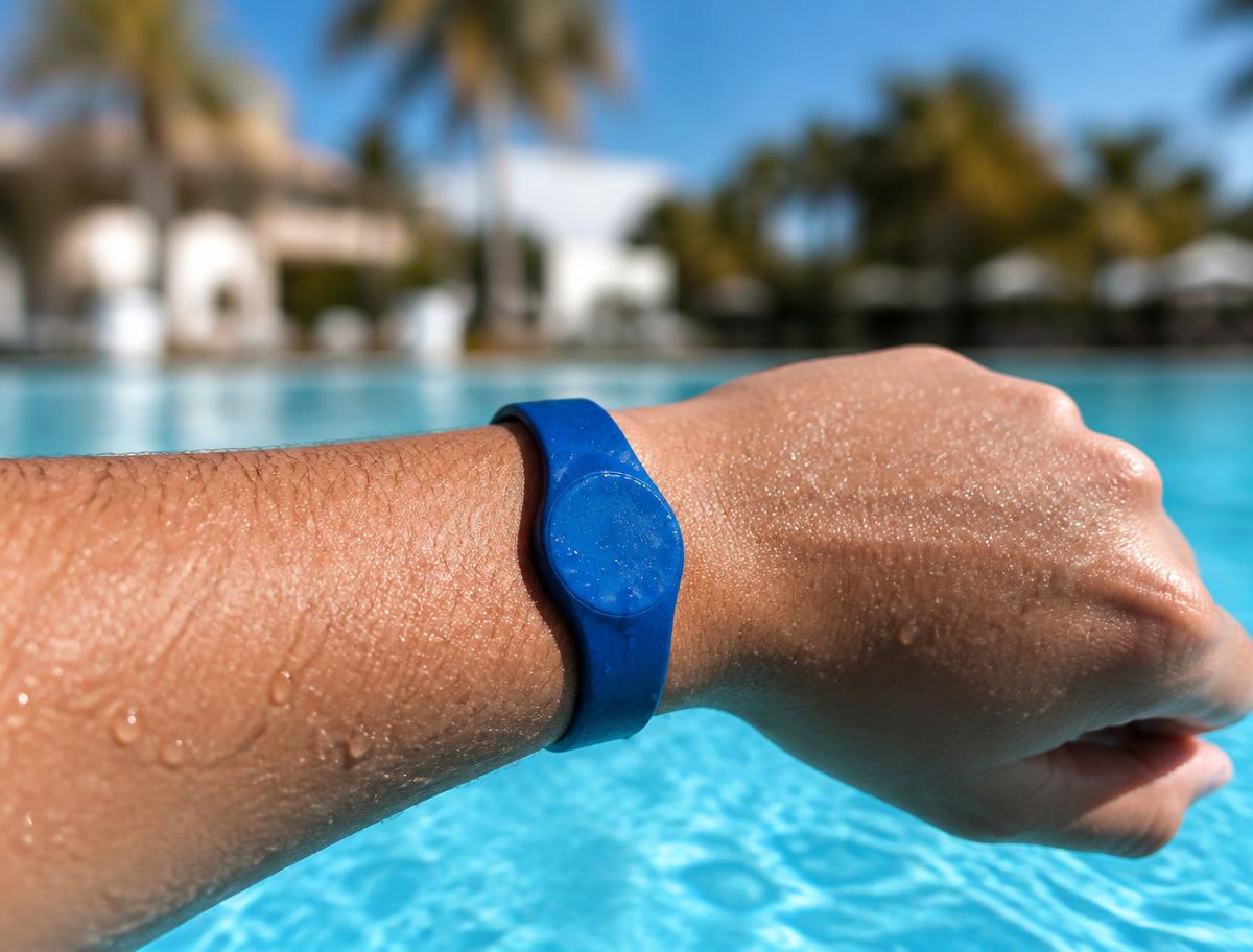 Waterproof silicone RFID wristband at a resort pool Waterproof silicone RFID wristband at a resort pool