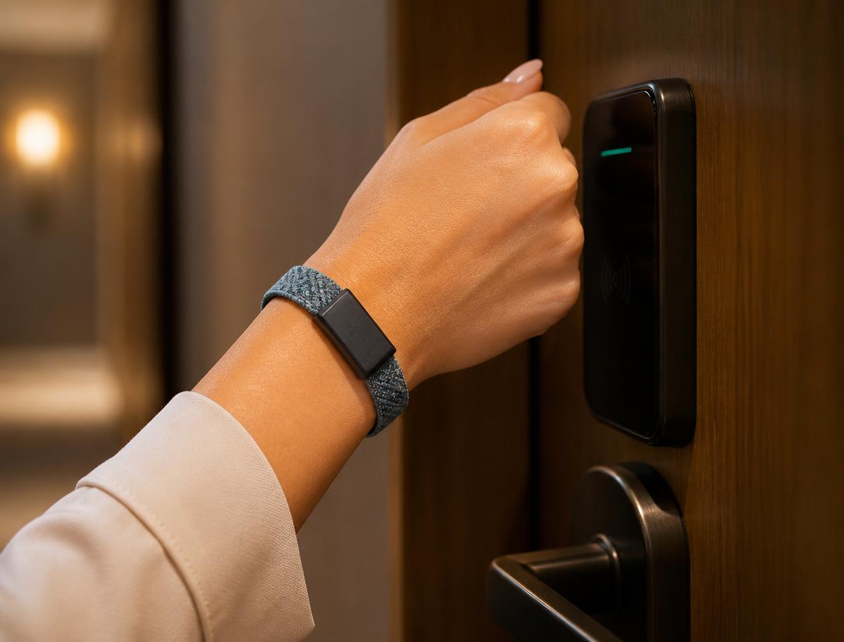 Opening a hotel room door with a fabric RFID wristband Opening a hotel room door with a fabric RFID wristband