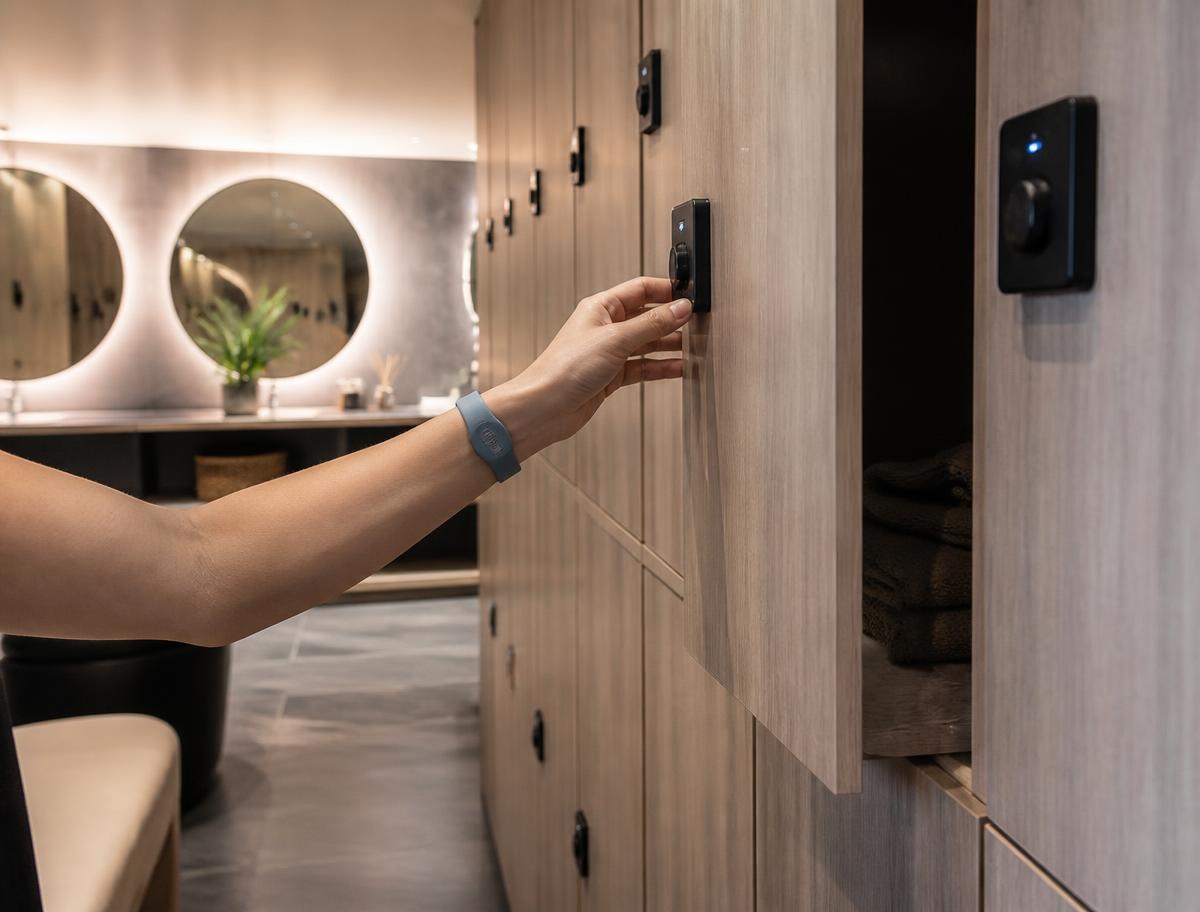 Opening a spa locker with an RFID wristband Opening a spa locker with an RFID wristband